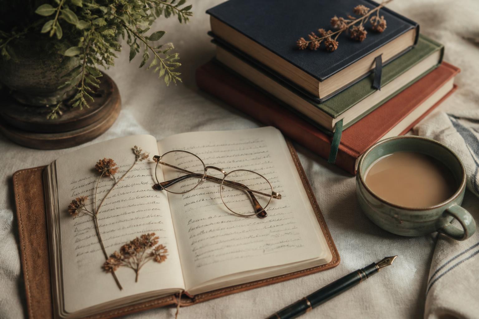 An open journal with handwritten notes, reading glasses, a cup of coffee, and a stack of books on a linen tablecloth